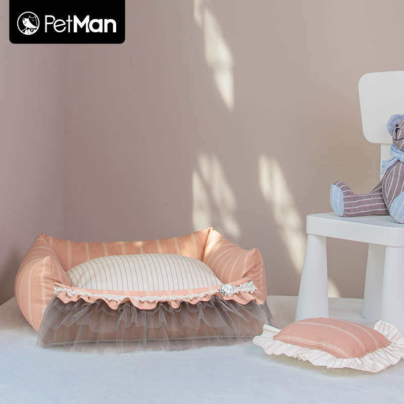 PetMan布蕾软窝条纹全棉日杂蕾丝温柔风含枕头可水洗宠物慵懒床
