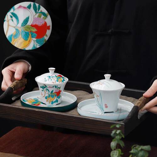 羊脂玉杯敬茶碗小号茶碗带大佛尘个人随手礼泡茶品茗陶瓷三才盖碗
