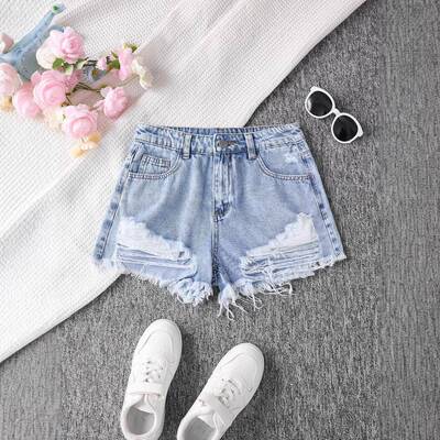 Girls' Ripped Denim Shorts Casual Loose-Fit Button Fly