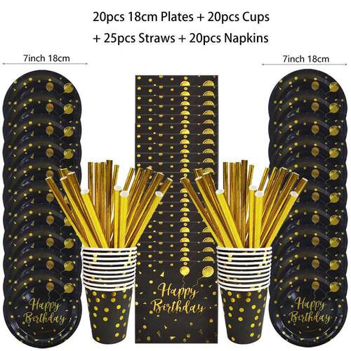Black Gold Birthday Disposable Tableware Set Paper Plates Cu