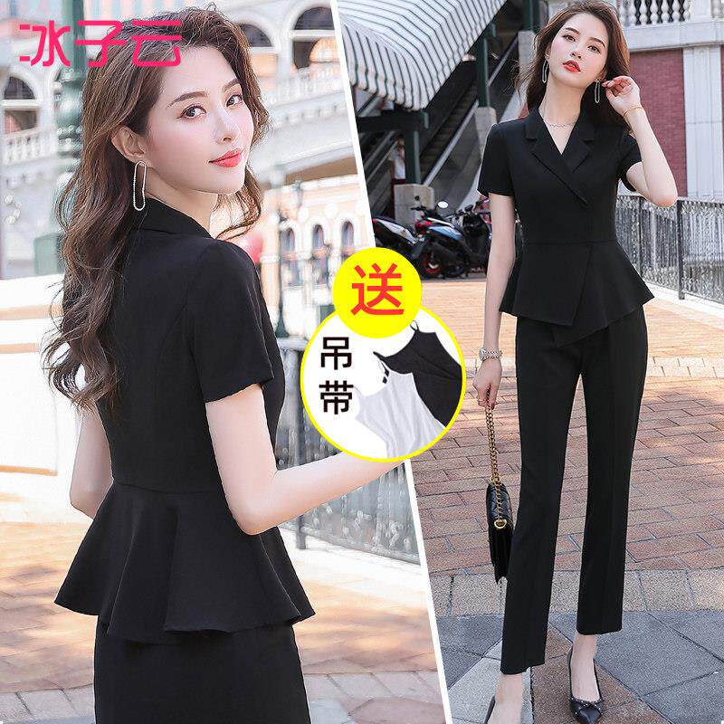 职业套装女两件套洋气时尚2026夏黑色雪纺短袖西装正装工作服套裙