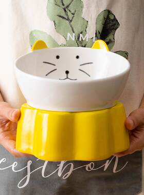 日式陶瓷猫碗防打翻保护颈椎加高斜口大号猫咪食盆饭碗宠物碗狗碗