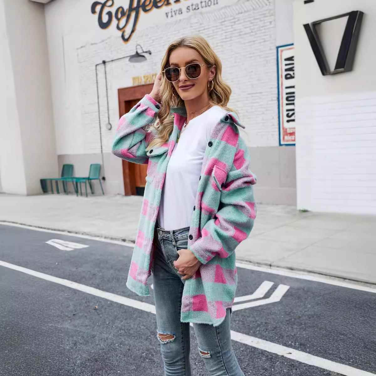 coats jacket elegant casual collar plaid female a winter