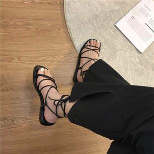 Summer Slippers Women Sandals Narrow Vintage Square Toe Flat