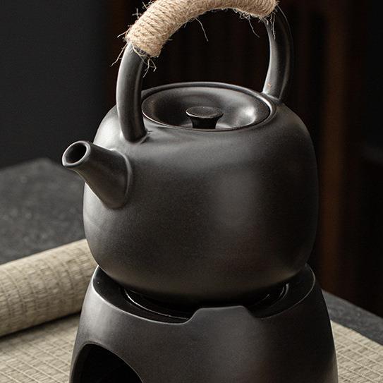 炭炉煮茶壶侧把提梁壶陶壶户外酒精煮茶器粗陶温茶壶茶炉底座黑陶