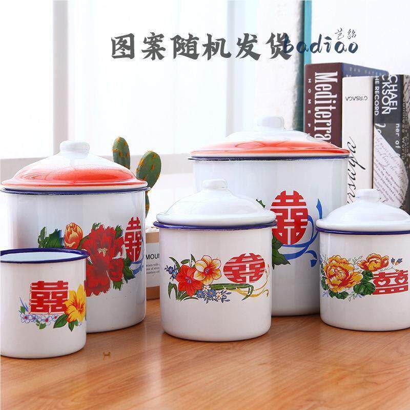经典怀旧搪瓷杯子带盖子大容量老式双喜字覆古铁茶缸子口盅创意水