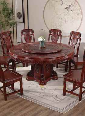 102501?中组全实木餐桌椅合雕圆形带转盘10人橡木大圆餐桌花家式