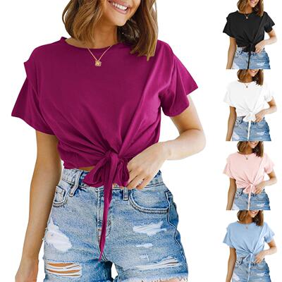 Women's short sleeved front tie top with exposed navel