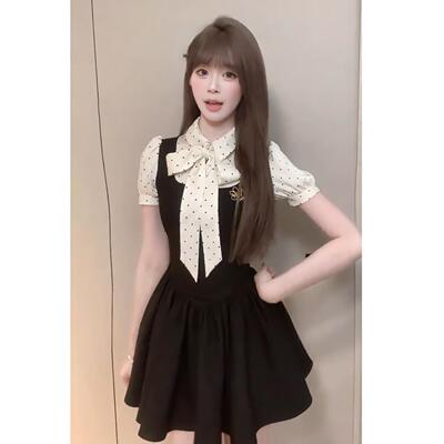 温柔甜美蝴蝶结波点收腰连衣女夏miu系千金高级感假两件蓬蓬短裙