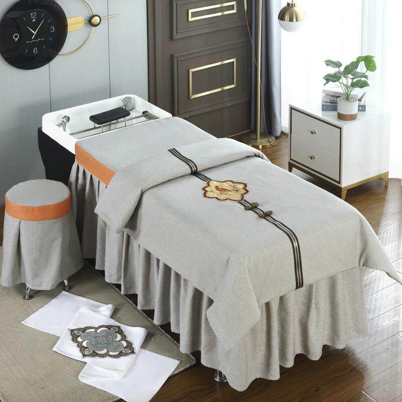 泰式洗头床罩养发馆头疗理髲店专用按摩SPA理疗床套床裙纯色棉麻