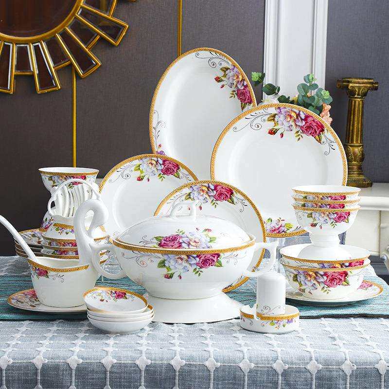 碗碟套装家用景德镇陶瓷欧式轻奢骨瓷餐具套装高档碗盘子碗筷组合