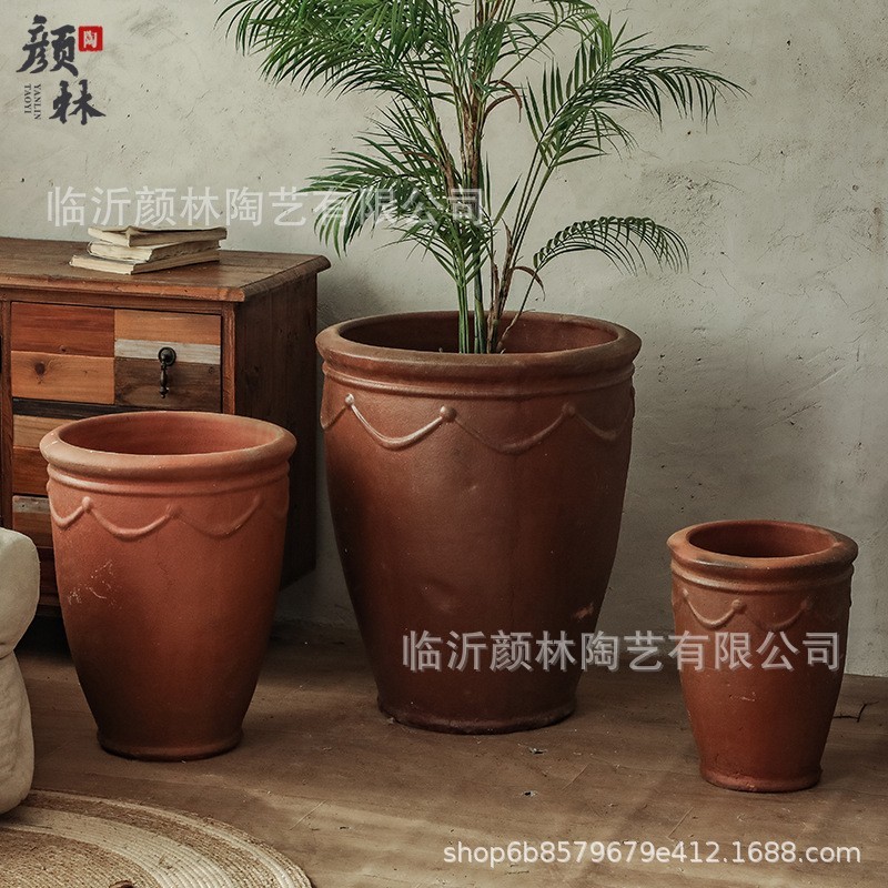 敞口高筒花盆栽树盆加厚复古陶盆乡村景观盆民俗装饰大花盆高盆粗