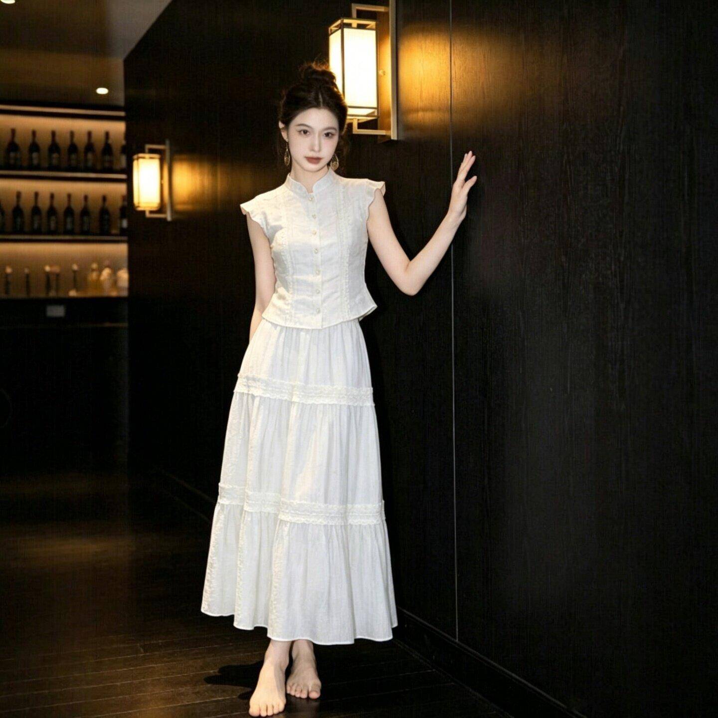 新中式套装女夏季新款海边度假穿搭收腰显瘦无袖上衣半身裙两件套