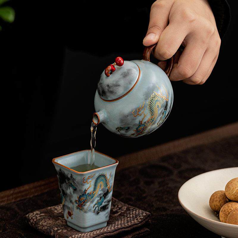 汝窑祥龙献瑞玲珑壶茶具套装家用泡茶一壶二杯复古可养陶瓷茶器