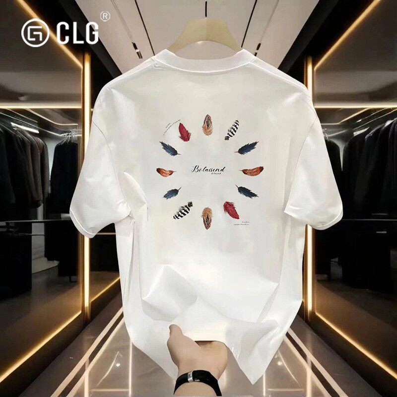 香港CLG潮牌重磅冰丝精梳纯棉男短袖T恤春夏新款羽毛美式印花体恤