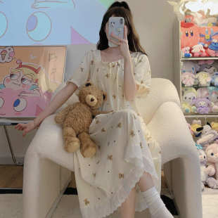宽松家居服 夏季 短袖 睡裙女可爱棉纱皱布韩式 卡通性感睡衣长款