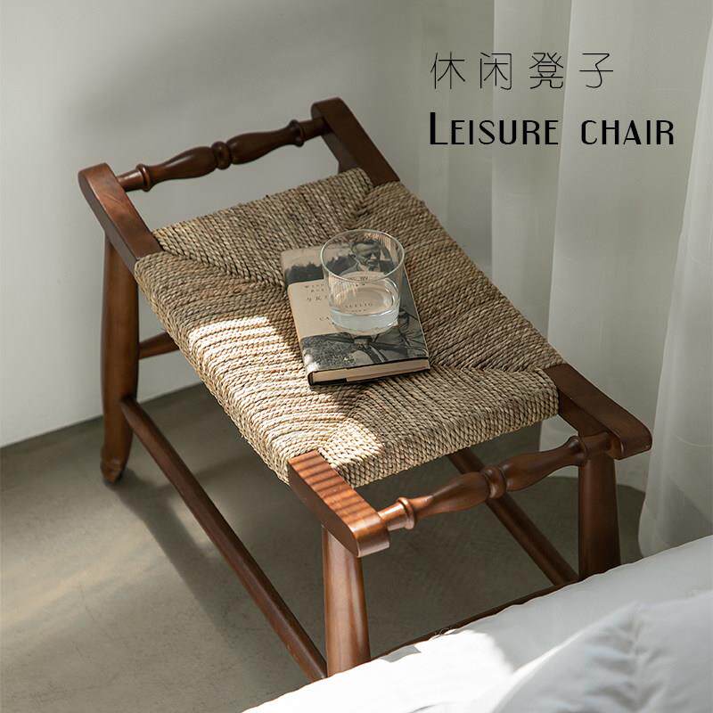 中古编织换鞋凳复古家用客厅玄关实木矮凳卧室床头置物凳化妆椅子