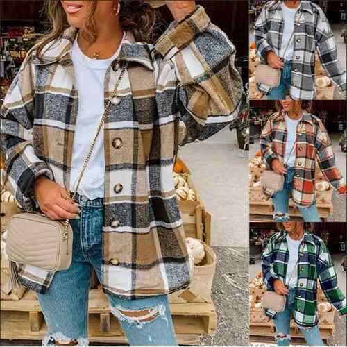 Long sleeved lapel plaid shirt jacket for women