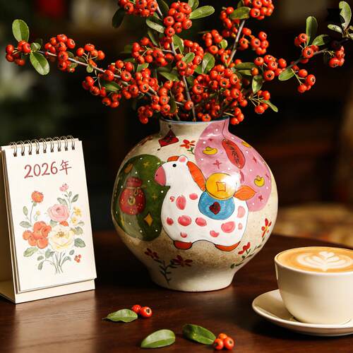 马年花瓶手绘中式插花器景德镇陶瓷生肖马复古水培鲜花客厅摆件