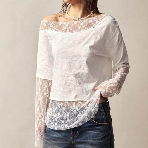 Chic Off-Shoulder Sheer Lace Blouse - Long Sleeve Oversized