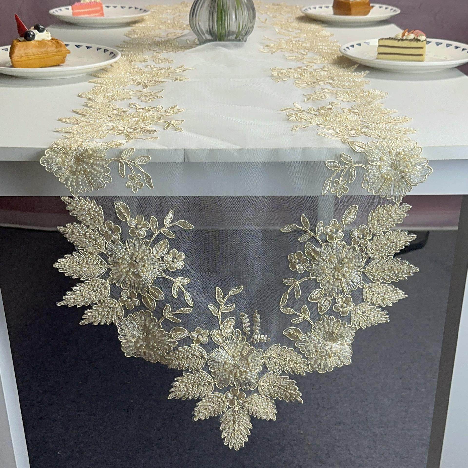 欧式蕾丝重工钉珠网纱桌旗立体感餐桌茶几垫斗柜鞋柜电视机柜盖布,居家布艺,桌旗,淘宝优惠券,粉丝福利购,淘宝优惠卷