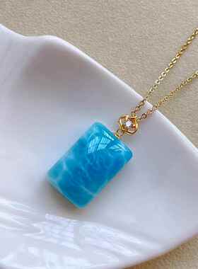 海纹石方牌吊坠18k镶嵌拉利玛无事牌项坠锁骨链挂件18*12mm厚9mm