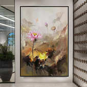 挂画花卉壁画 饰画走廊过道竖版 纯手绘印象派新中式 油画荷花玄关装