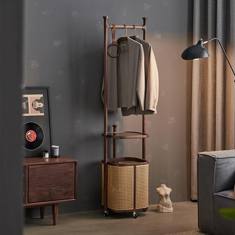 高档挂实衣架落地卧室木藤衣架家用户入黑胡桃木可移动编脏衣篓衣