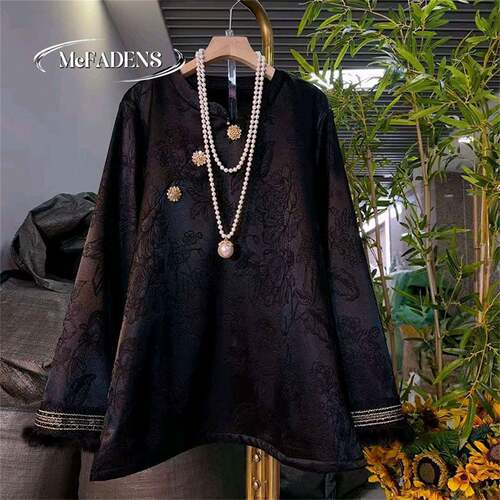 香港大码女装冬季款胖妹妹百搭宽松显瘦新中式国风提花加绒衫上衣