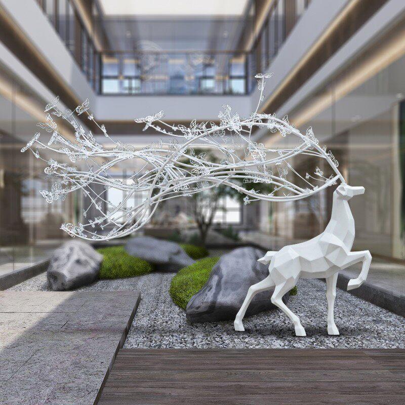 不锈钢大角梅花鹿摆件草坪别墅会所大堂样品屋展示中心足浴店抽象
