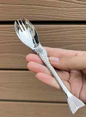 汤匙和叉子304不锈钢进食勺进食面叉儿童餐叉甜品叉水果叉创意鱼