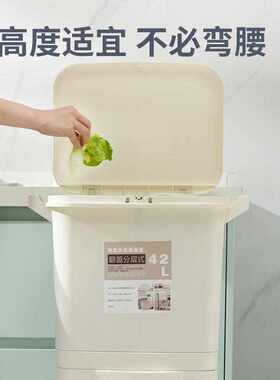 42L日式厨房垃圾桶家用按压带盖双层干湿分离垃圾分类桶批发