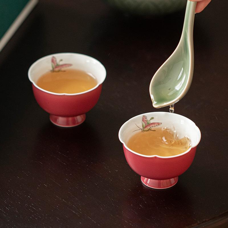 胭脂红主人杯釉上彩手绘蝴蝶手工茶杯功夫茶杯单杯功夫茶家用图片