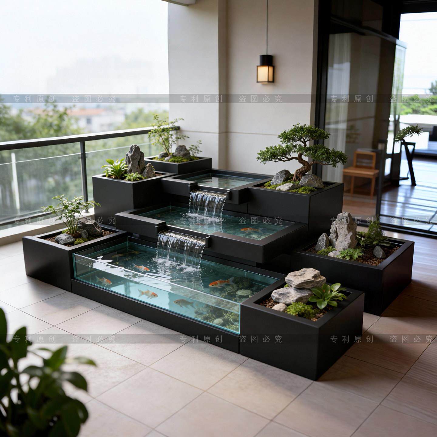 不锈钢定制流水循环鱼缸花箱露台叠泉瀑布造景花坛钢化玻璃鱼池