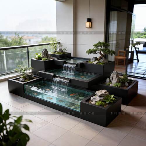 不锈钢定制流水循环鱼缸花箱露台叠泉瀑布造景花坛钢化玻璃鱼池