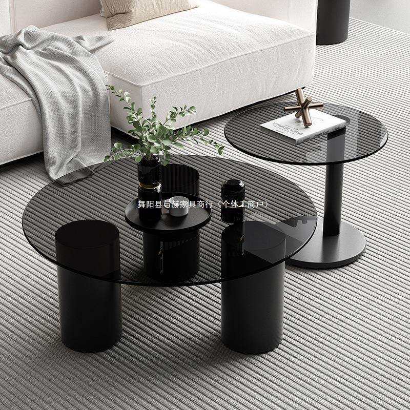 网红茶几家用客厅岩板矮桌子轻奢钢化玻璃圆形边几小户型现代简约