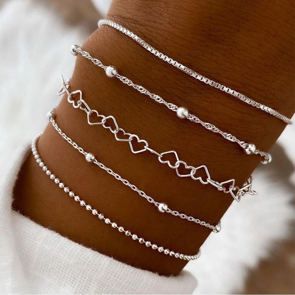 5 pieces bracelets set希音爆款手錬5件套套装女合金圆珠炼盒炼 - 实物图