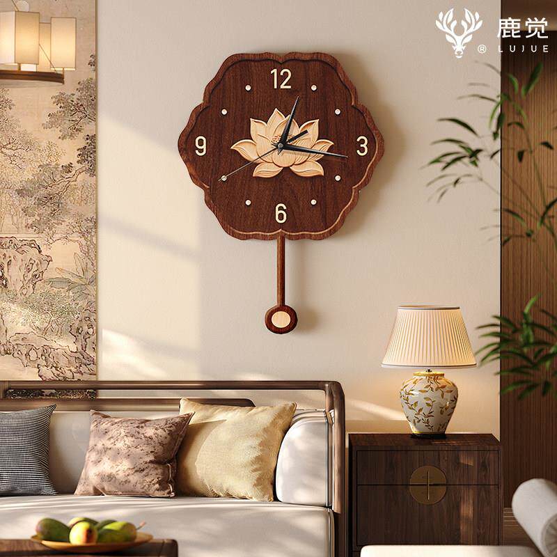 荷花挂钟石英钟家用客厅宋代美学餐厅钟表挂画复古创意时钟电子钟