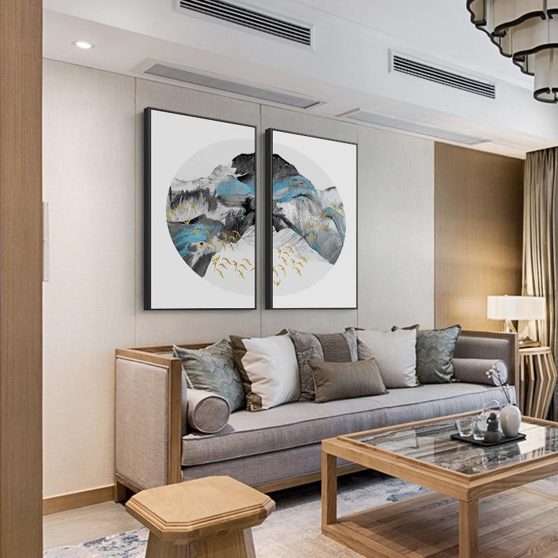 新中式客厅装饰画两联荷花餐厅背景画半圆组合玄关中国风书房挂画