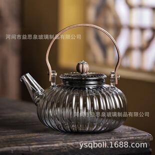 条纹透黑玻璃花茶泡茶壶电陶炉加热烧水煮茶壶木把如意南瓜提梁壶