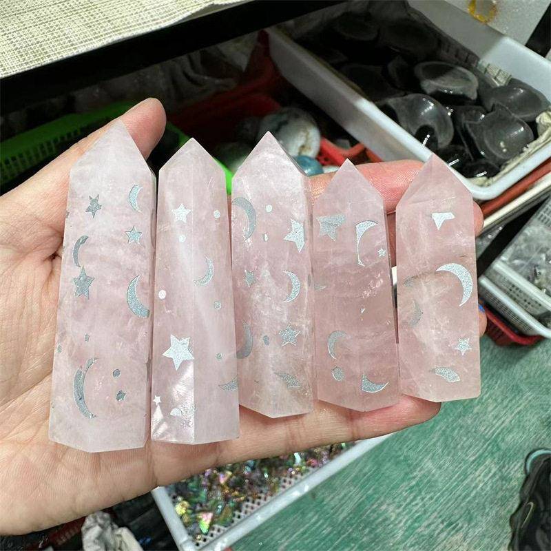 天然水晶柱雕刻喷沙星月尖六棱柱跨境家居装饰水晶工艺品摆件