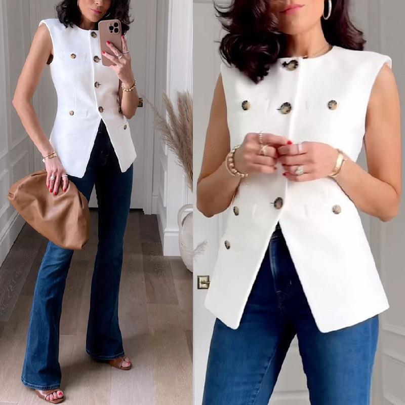 Women's casual solid color sleeveless multi-button jacket
