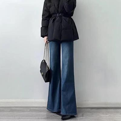 港风复古加绒加厚阔腿牛仔裤女2026新款冬季高腰显瘦小个子直筒裤