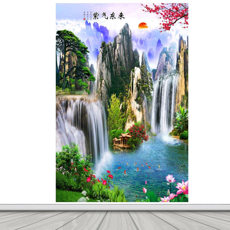 紫气东来竖版流水生财花开富贵九鱼图迎客松山水画自粘风景墙贴画