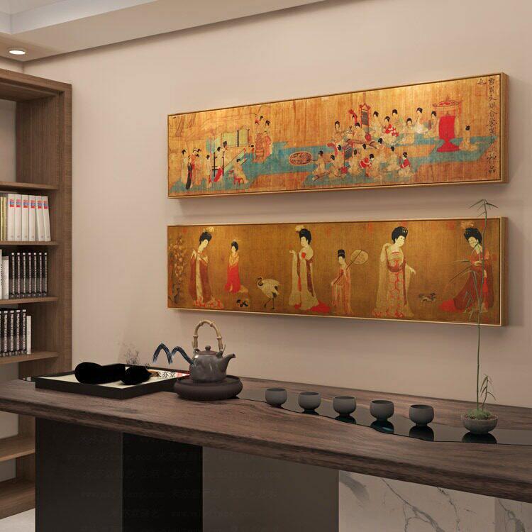 簪花仕女图挂画新中式唐代古风横幅装饰画客厅餐厅卧室床头挂画