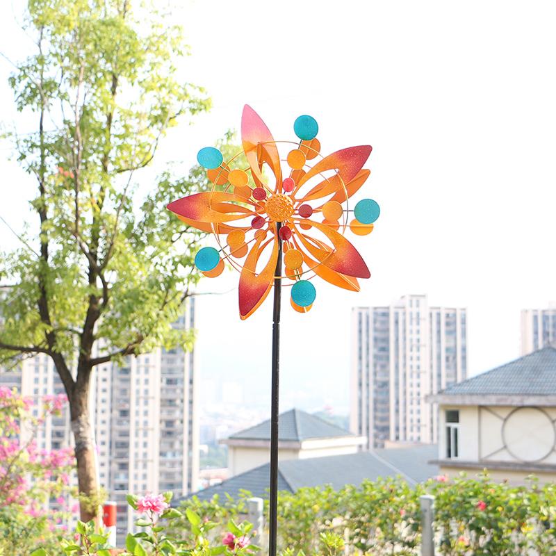户外庭院摆件落地铁艺风车双面旋转花园装饰插件风景区公园造景布