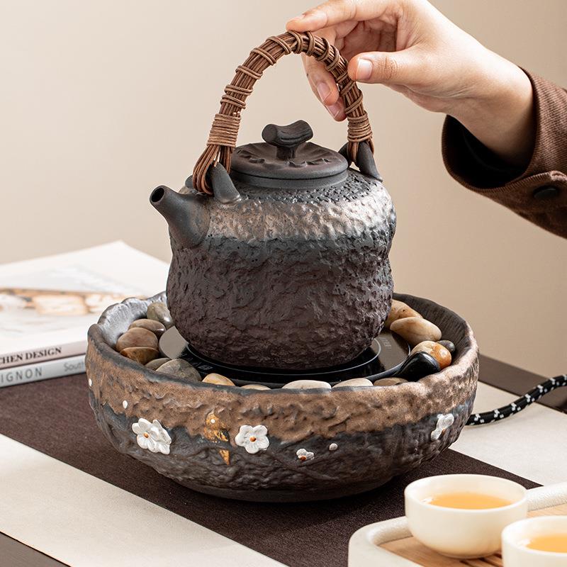 陶瓷复古粗陶煮茶炉电陶炉电炉丝中式养生煮茶器蒸茶器提梁煮茶壶