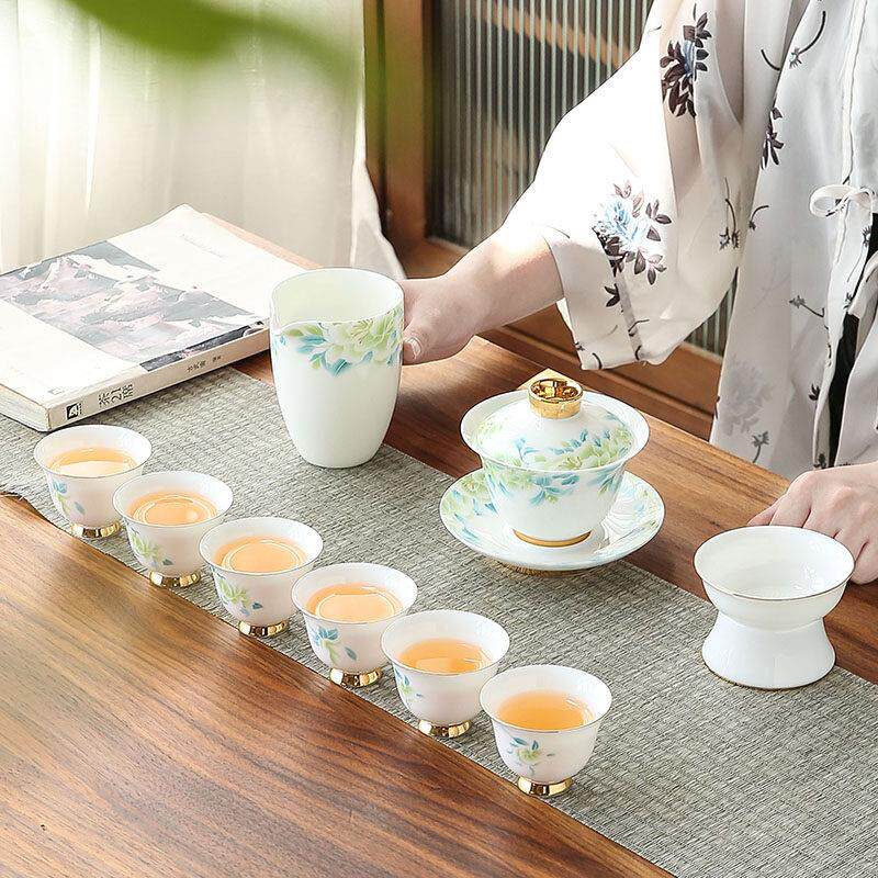 羊脂玉白瓷功夫茶具套装家用办公室陶瓷泡茶盖碗茶杯整套定制礼品