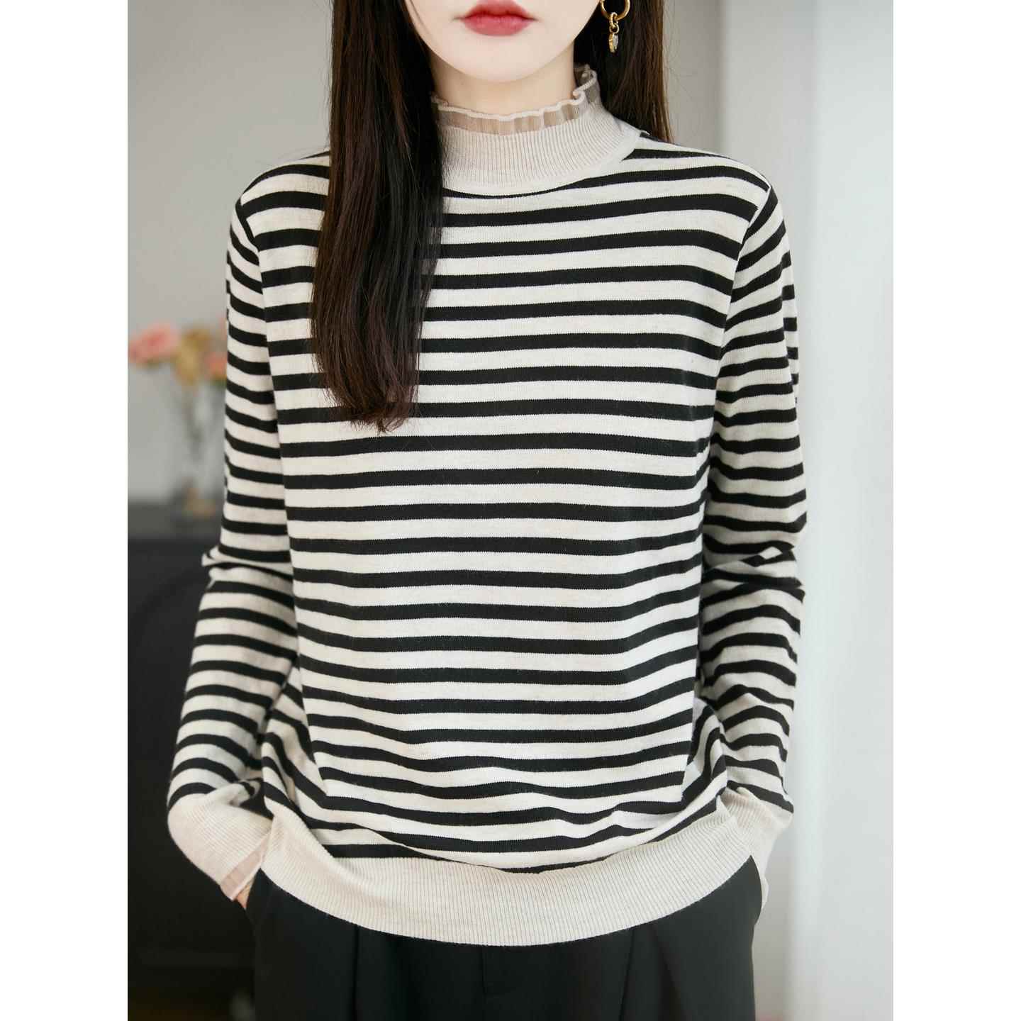 时尚独蕾丝拼接高领毛衣打底衫女洋气条纹25秋冬加厚休闲针1206h