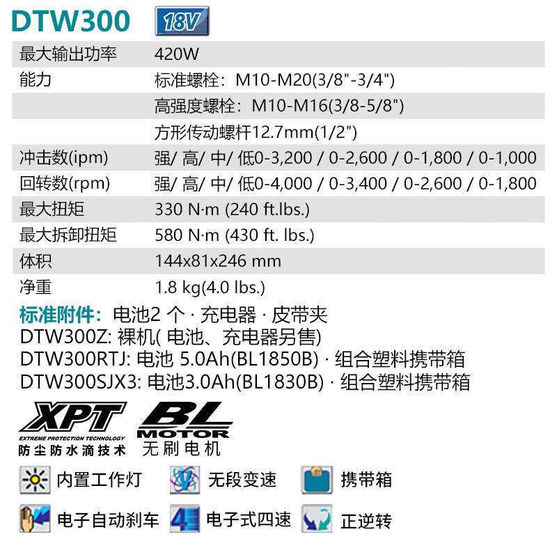 牧田(MAKITA)DTW300RTJ充电式冲击扳手电动扳手18V5.0Ah两电一
